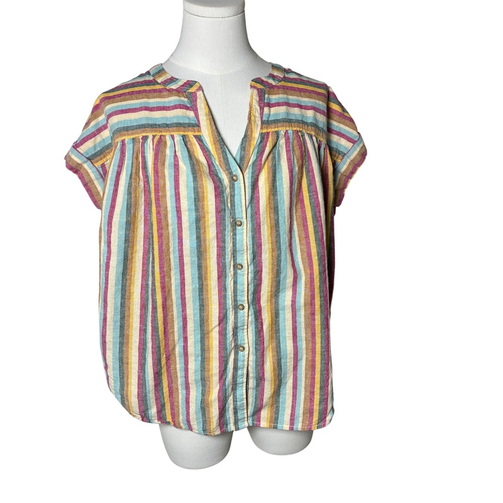 Lou & Grey Cotton Linen Blouse Gathered Yoke Multi Stripe XS Coastal Boho